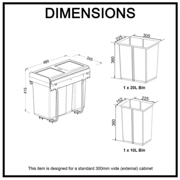 Domestique 30L Twin Slide Out Concealed Waste Bin with Soft Close