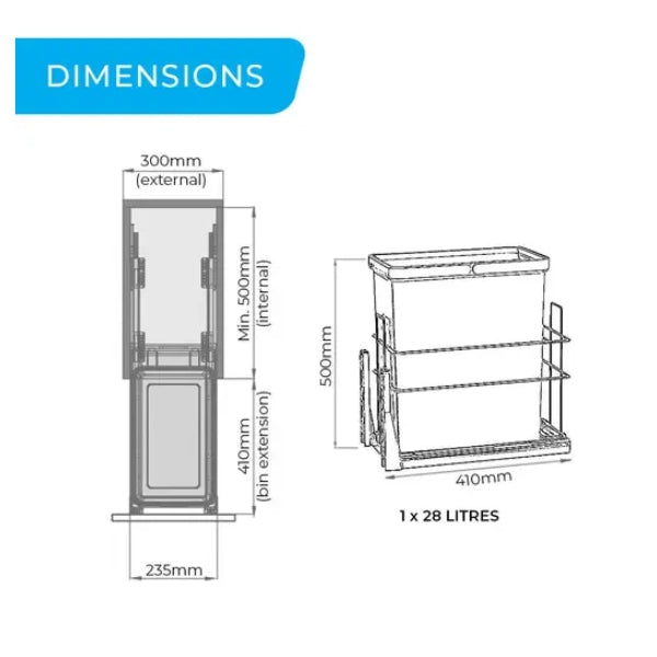 Simplex 28L Single Slide Out Concealed Waste Bin for a 300mm Cabinet