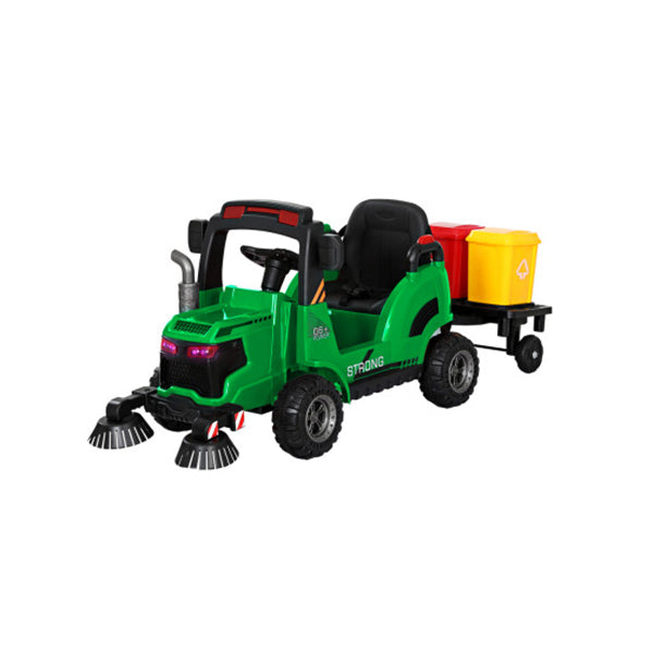 Kids Ride On Car Street Sweeper Truck With Rotating Brushes Garbage Cans Green