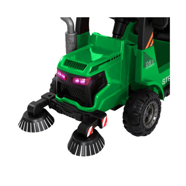 Kids Ride On Car Street Sweeper Truck With Rotating Brushes Garbage Cans Green