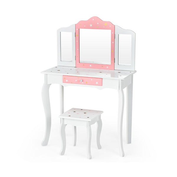 Kids Makeup Table Chair Set with Tri folding Mirror for Bedroom