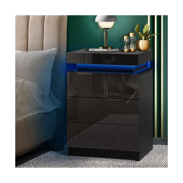 Bedside Table RGB LED 3 Drawers Black