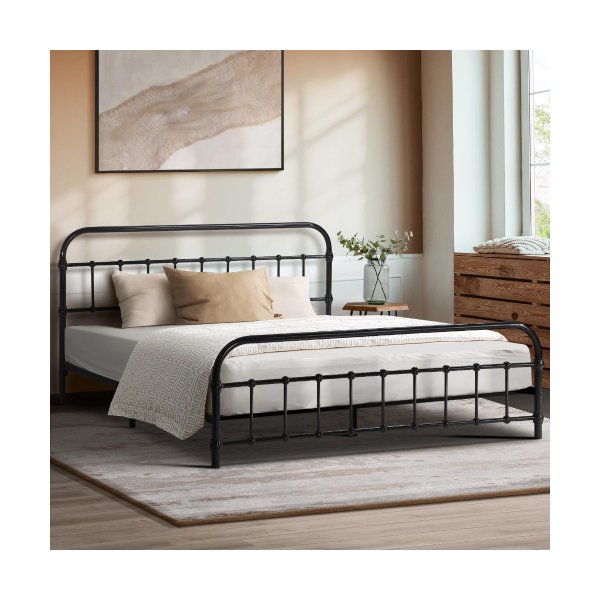 Metal Bed Frame Queen Size Railing-style Black