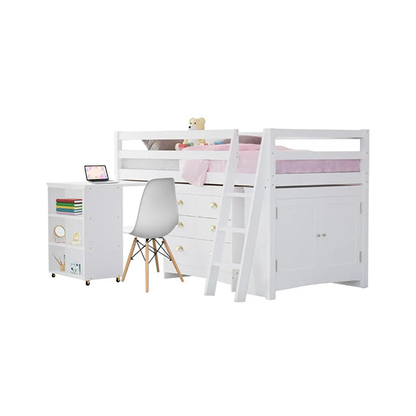 Wooden Kids Single Loft Bed Frame With Pull Out Desk Storage Drawers Cabinet White