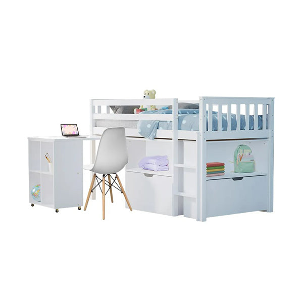 Wooden Kids Single Loft Bed Frame With Pull Out Desk Storage Drawers White