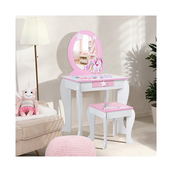 Kids Vanity Table and Chair Set with Mirror and Stool for Little Girls