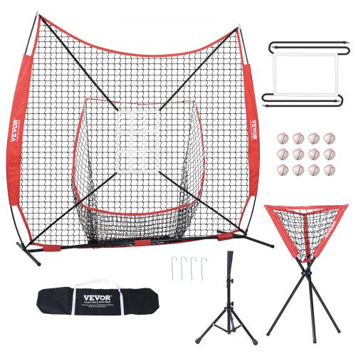 7x7 ft Baseball Softball Practice Net, Portable Baseball Training Net for Hitting Catching Pitching, Backstop Equipment with Bow Frame, Carry Bag, Strike Zone, 12 Balls, Tee, and Ball Collector