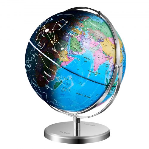 Illuminated World Globe with Stand, 228.6 mm, Educational Earth Globe with Stable Heavy Metal Base and LED Constellation Night Light HD Printed Map, Spinning for Kids Classroom Learning