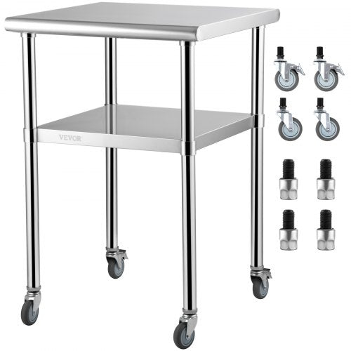 Stainless Steel Work Table Commercial Food Prep Table 24x24x36in w/ Wheels