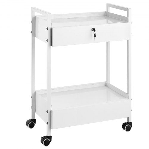 Lab Cart, 2 Tiers Stainless Steel Utility Cart, Medical Cart with 2 Drawers, Rolling Lab Cart White Paint, Serving Cart with Swivel Casters for Laboratory, Hospital, Dental, Salon and Beauty