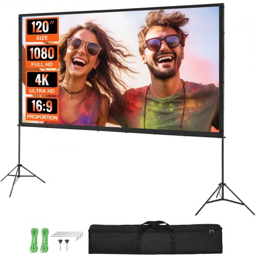 Projector Screen with Stand, 120 inch 16:9 4K 1080 HD Outdoor Movie Screen with Stand, Wrinkle-Free Projection Screen with Tripods and Carry Bag, for Home Theater Cinema Backyard Movie Night