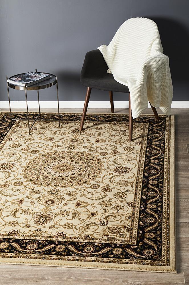 Sydney Collection Medallion Rug Ivory With Black Border