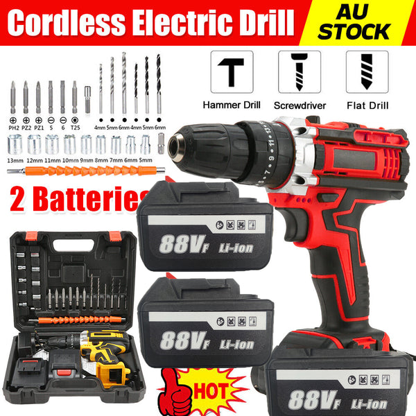 Cordless Drill with 2 Battery Heavy Duty Impact Driver Kit Brushless Hammer Set 88V