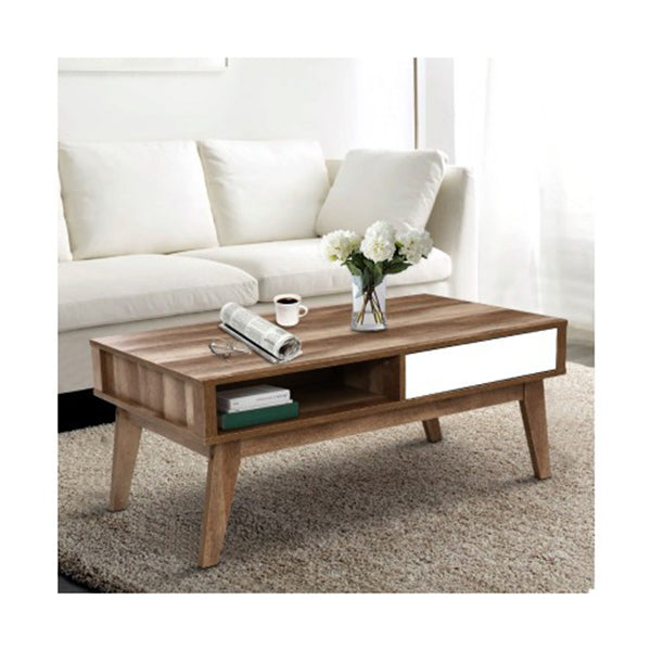 Coffee Table 2 Storage Drawers Open Shelf Scandinavian Wooden White