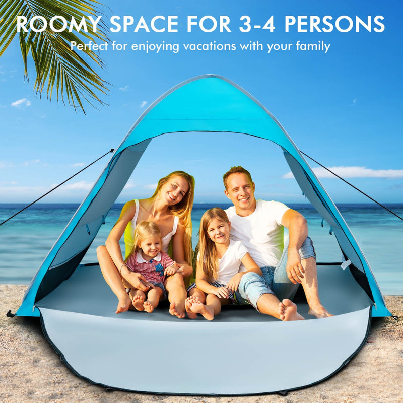 2 4 Persons Automatic Pop up Tent with Carrying Bag, Stakes, Sandbags for Beach, Picnic