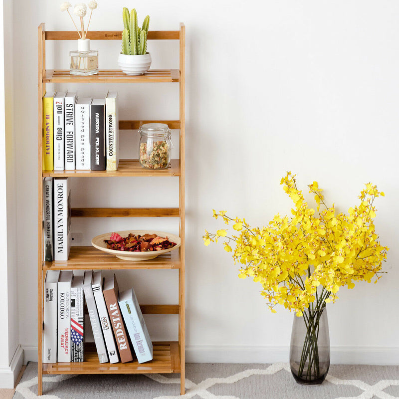 4 Tier Bamboo Plant Shelf with Guardrails for Patio, Bathroom