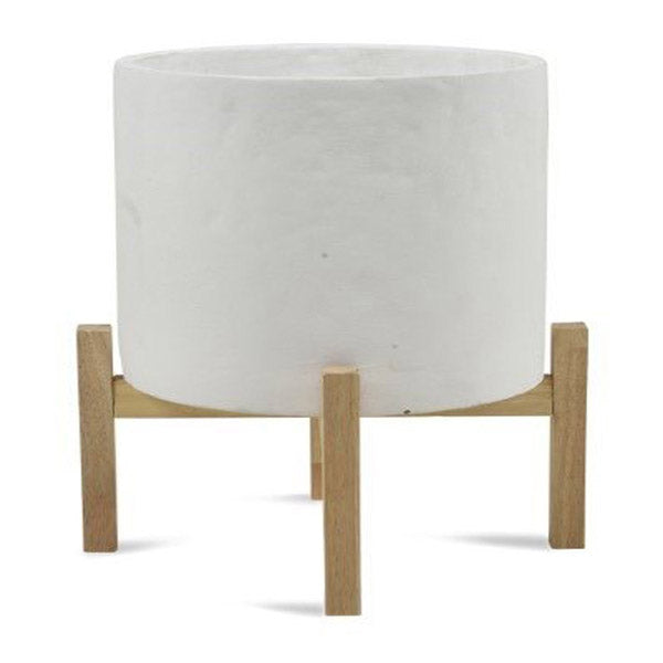 Planter Cement On Wooden Stand White